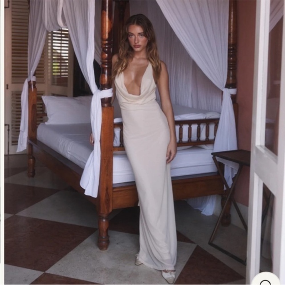 Amelie Teje Dress Veuve Maxi Sheer Cowl Neck in Cream